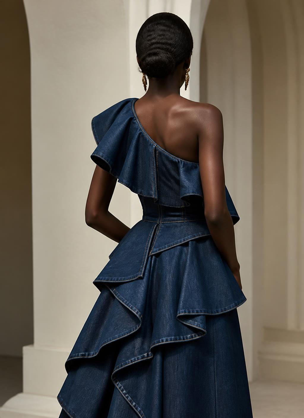 Silhouette de dos portant une pièce en denim couture à volants Atomoly